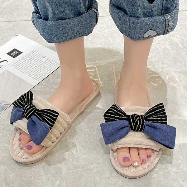 

slippers 2021 winter women corduroy mix color bow-tied flat short plush indoor house floor leisure cute shoes ladies comfortable i, Black