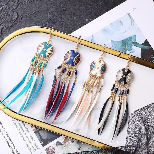 

dangle & chandelier creative round boho style two-color long feather earrings rice beads fringed for women, Silver