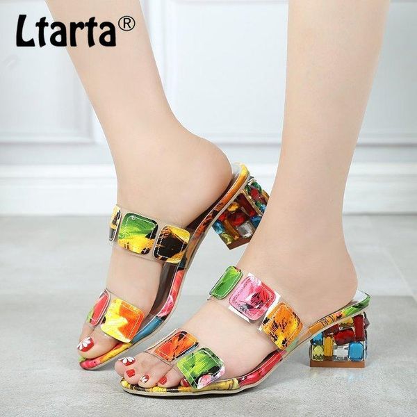 

dress shoes ltarta 2021 women sandals large size slippers 41 summer rhinestone word wearing crystal heels hykl-998, Black