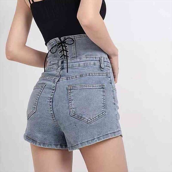 

summer jeans shorts women vintage back lace up shorts plus size blue gray buttons high waist femme, White;black