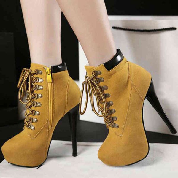 

boots women super high heel lace-up martin booties retro elegant womens flock shoes female platform winter leisure simple suede 11, Black