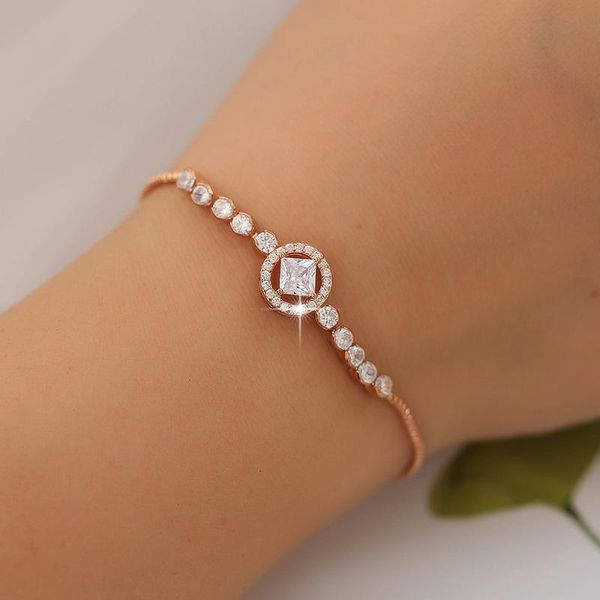 

charm bracelets luxury female crystal round bracelet rose gold silver color for women cute white zircon stone chain, Golden;silver