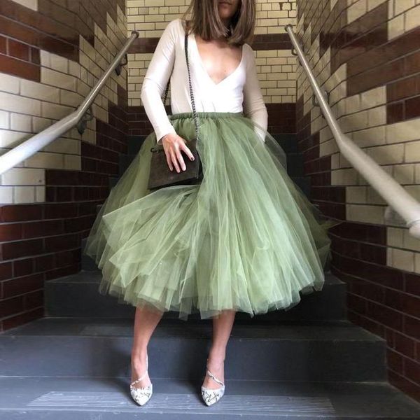

skirts casual army green tea length tulle women a-line summer elastic custom made plus size, Black