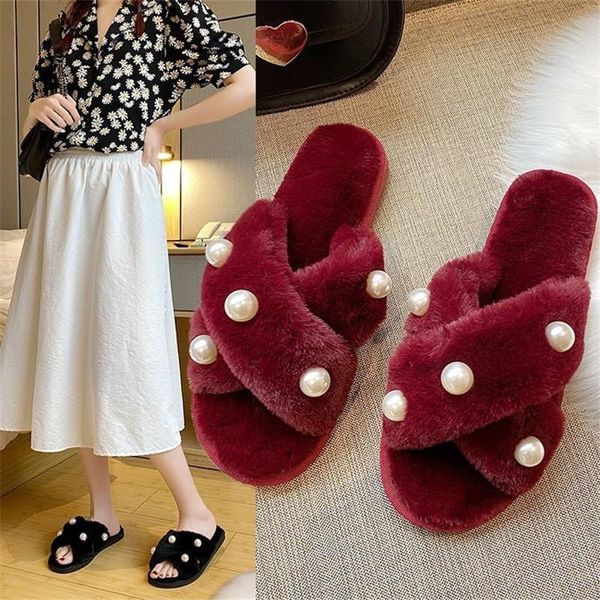 

fairy style pearl fur slippers for women sandals autumn flat bottomed antiskid home and indoor cross cotton loafers, Black