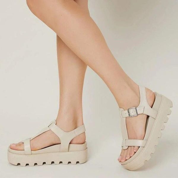 

sandals women platform t-tied female casual buckle flats summer fashion ladies outside leisure shoes plus size 43, Black