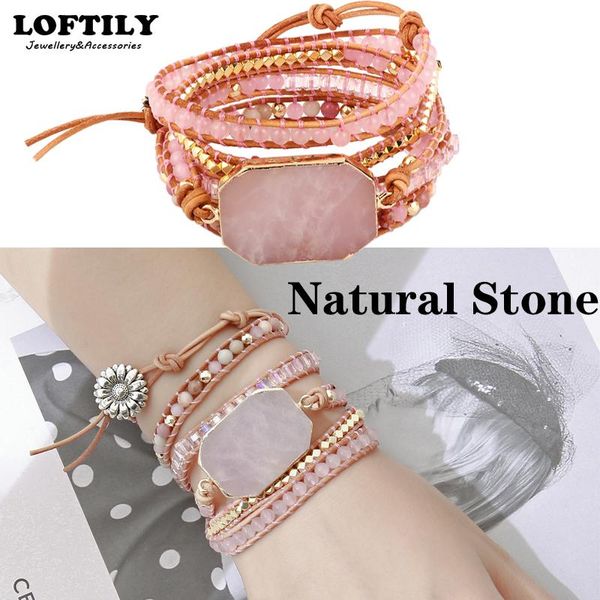 

fashion beaded natural stone bracelet pink quartz leather wrap bracelets for women rose gems crystal beads bohemia jewelry bangle, Black