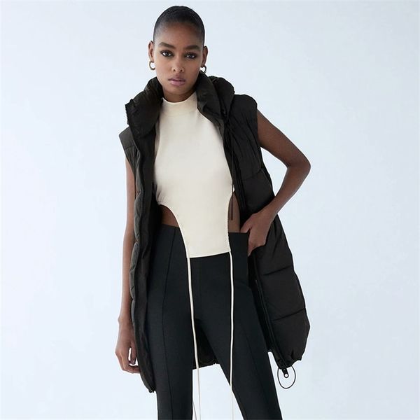 

winter women za vest hooded coats zipper down cotton jacket drawstring parkas female warm thick big pocket outwear 210422, Black;white