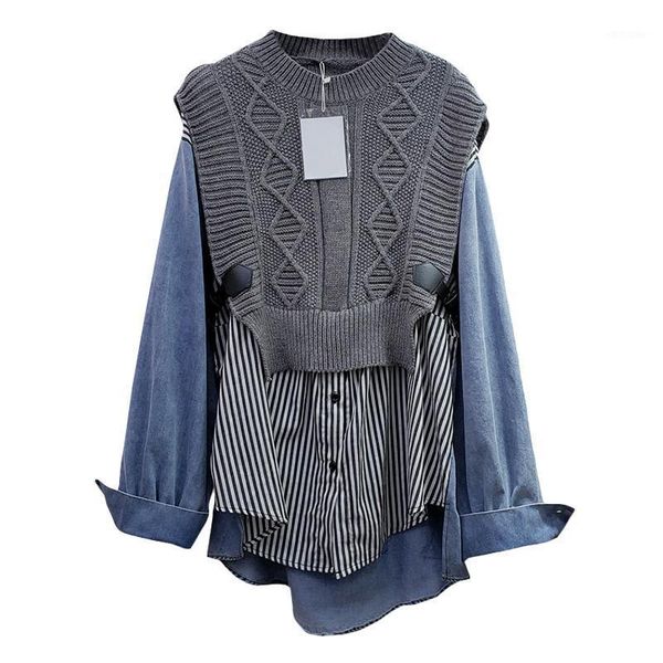 

women's blouses & shirts [ewq] 2021 spring product long-sleeved striped pullover knit stitching design fake two-piece shirt loose blous, White