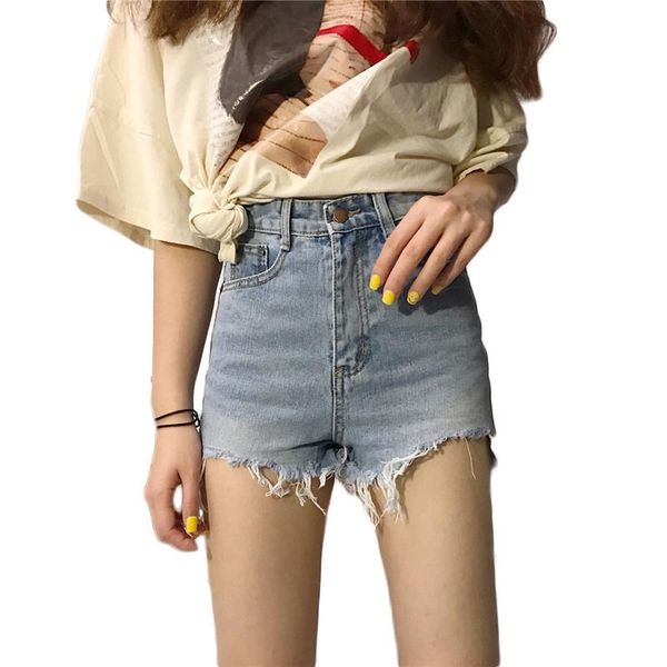 

korean style high waist jeans hole irregular shorts female spring and summer short wide leg pants 241 women's, Blue