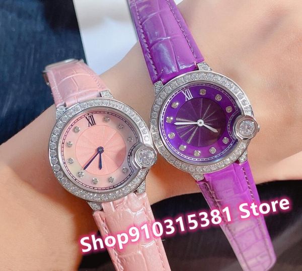 

wristwatches classic women purple leather round diamond watches stainless steel geometric quartz wristwatch female roman number clock 33mm, Slivery;brown