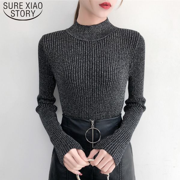

slim solid women sweater autumn long sleeve semi-high collar korean bright silk thick pullover 6040 50 210510, White;black