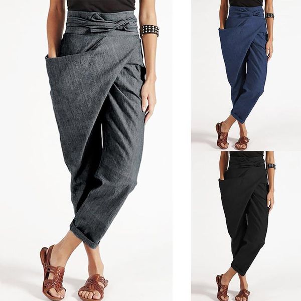 

yoga outfit harem pants plus size s-5xl women's casual loose high waist lace up strap solid one side pocket women trousers comfort