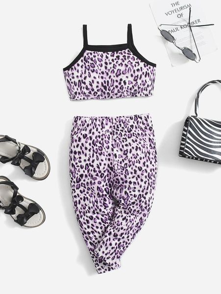 

baby girl contrast binding leopard cami & leggings set she, White
