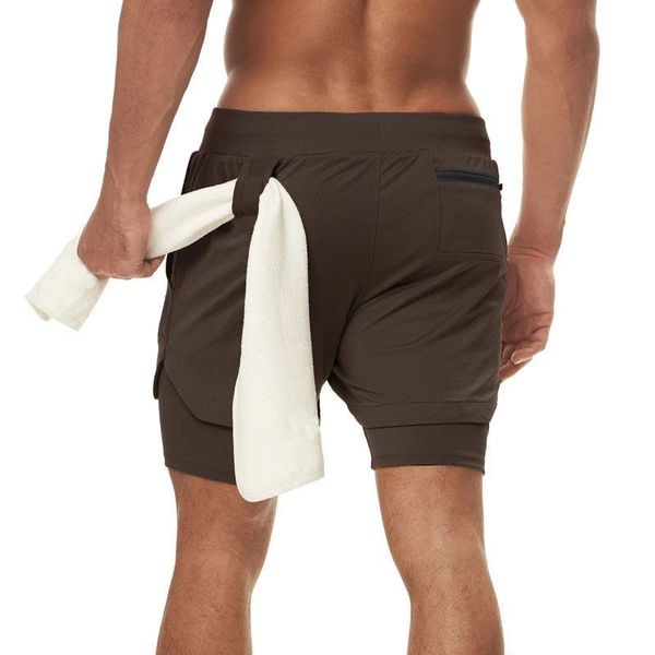 

men's shorts sports men two-layer color matching hanging towel fitness running breathable knee length pants pockets soft, White;black