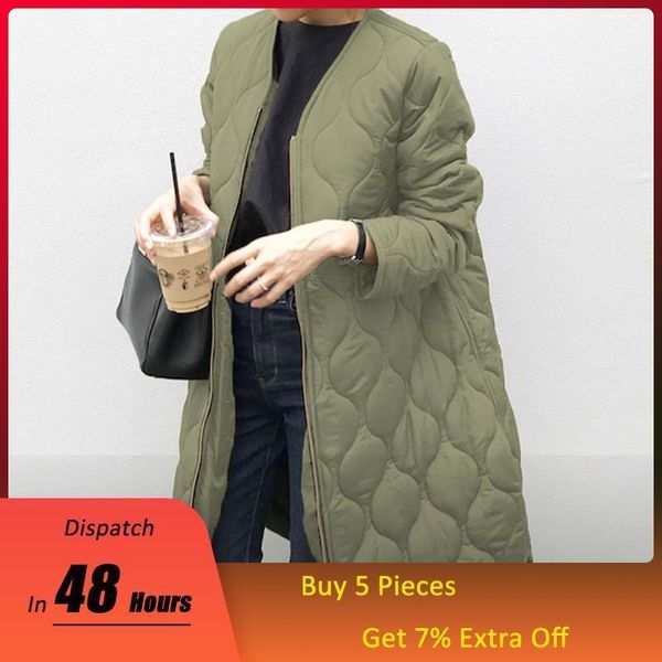 

women's down & parkas autumn cotton padded jacket office ladies korean warm solid green zipper retro causal long winter coat outwear ov, Black