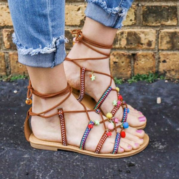 

women sandals 2021 fashion summer shoes woman flat rope lace up gladiator non-slip beach chaussures femme, Black