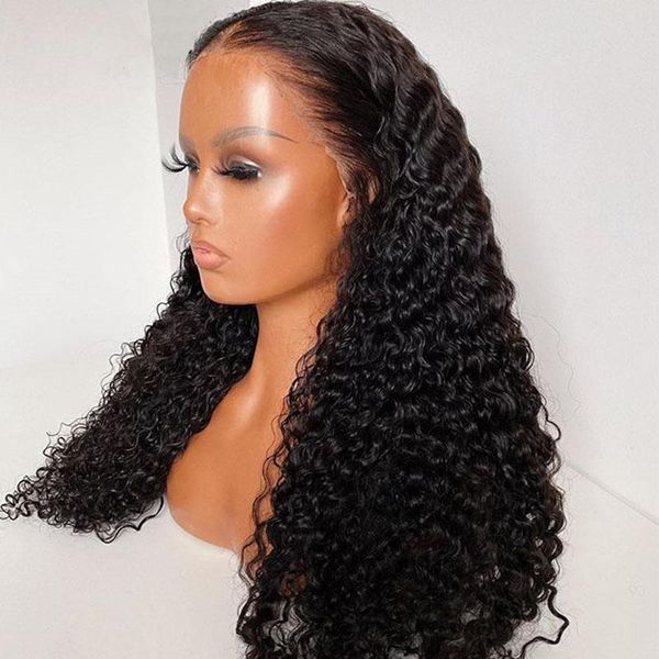 

jet black 13x6 t part lace front wig for women swiss long kinky curly natural hairline brazilian hair wigs with baby, Black;brown