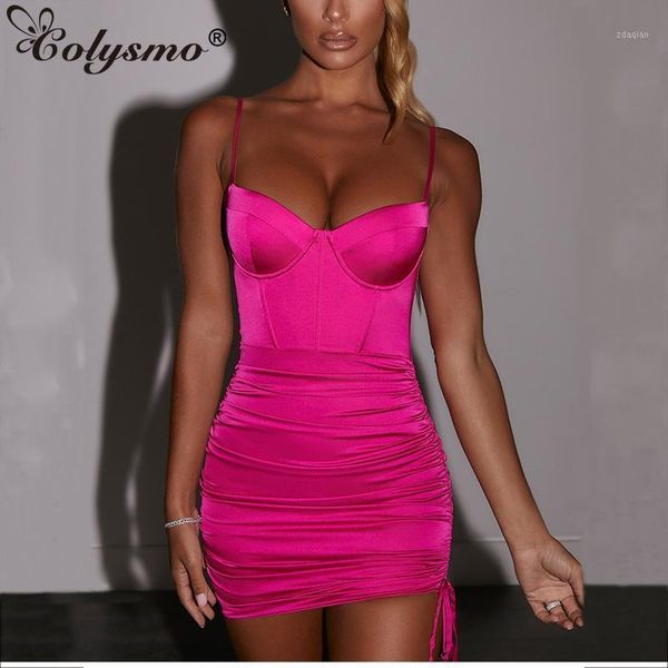 

casual dresses coysmo summer women satin dress spaghetti straps backless drawstring ruched slim fit mini female party vestidos, Black;gray