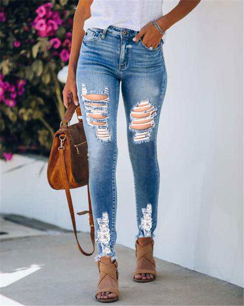 

jean women casual spring/summer washed distressed ripped jeans stretch skinny high street ladies denim pencil pants, Blue