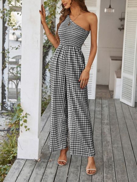 

gingham one shoulder shirred jumpsuit m5wp#, White