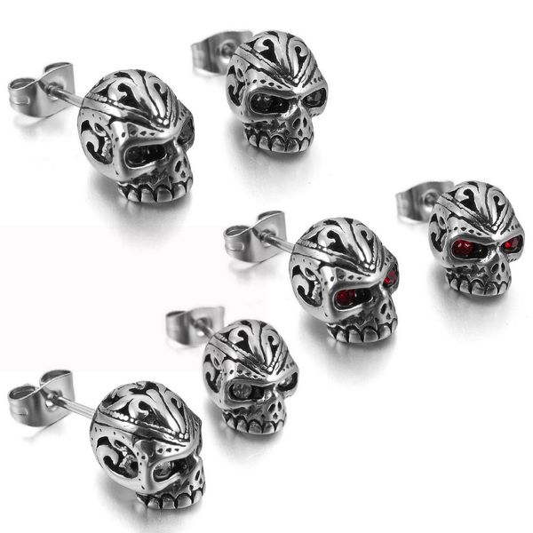 

vintage mens cubic zirconia stainless steel stud gothic flower pattern skull head punk rock earrings, Golden;silver