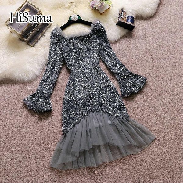 

winter sequins mesh bling dress women square collar flare sleeve mermaid female chic elegant fishtail dresses casual, Black;gray