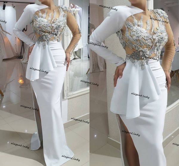 Abiti da spettacolo formale da ballo a maniche lunghe bianchi Appliques floreali di fascia alta Abiti da sera peplo con spacco sexy in rilievo robe de bal