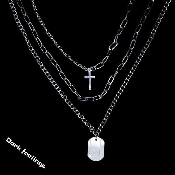 

pendant necklaces harajuku style japan and south korea personality street cool hip-hop multi-layer cross necklace tag party wild jewelry, Silver