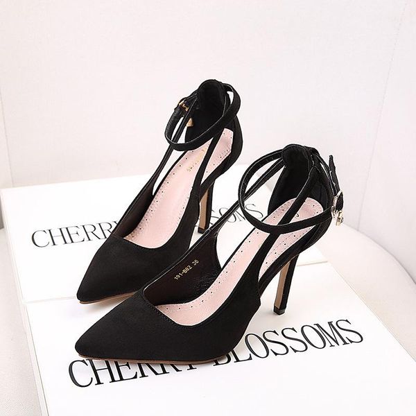 

and summer pointed button high heel shoes small water diamond women's suede shallow mouth single wholesale sandals, Black