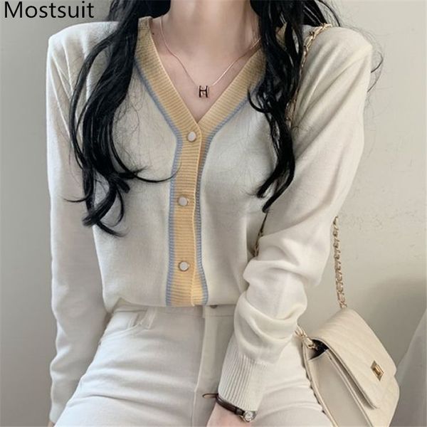 

color-blocked v-neck knitted women cardigan sweater full sleeve single-breasted korean elegant spring fashion jumpers 210514, White;black