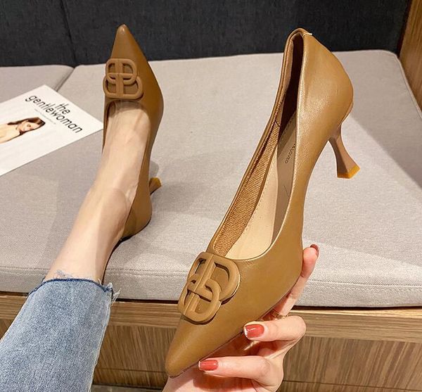

designer women high heel shoes khaki 7 cm pumps square buckle shallow mouth slip-on pointed toe lady office & career party versatile single, Black