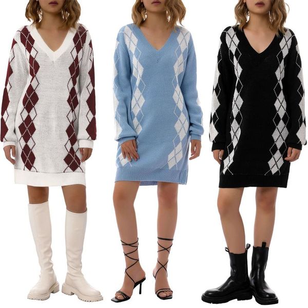 

casual dresses 2021 women color block knit dress adults argyle print v-neck long sleeve mini white/ black/ blue s//l, Black;gray