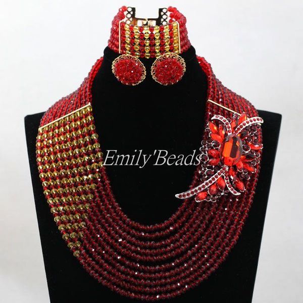 

earrings & necklace red/yellow african beads jewelry set nigerian wedding bridal crystal 10 rows alj375, Silver