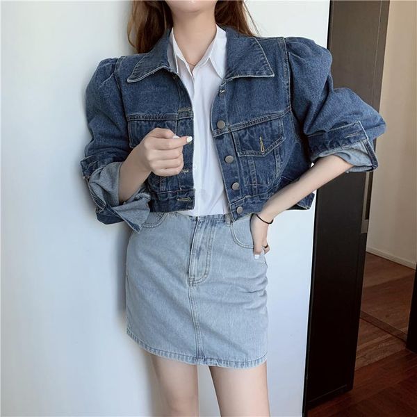 

women's jackets denim jacket women puff sleeve 2021 summer street korean fashion designer short blue jean coat ladies outerwear, Black;brown