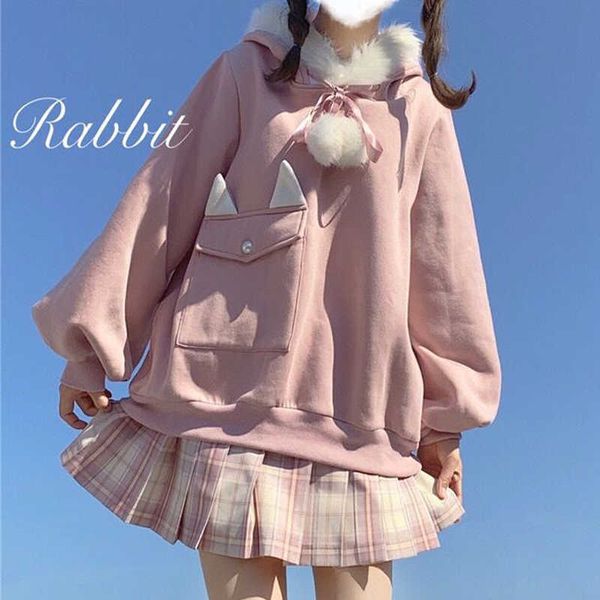 QWEEK Bunny Ears Hoodies Frauen Herbst Bunny Jacke Japanische Süßigkeiten Kawaii Kaninchen Ohren Rosa Hoodie Für Mädchen Egirl Harajuku Egirls 211008