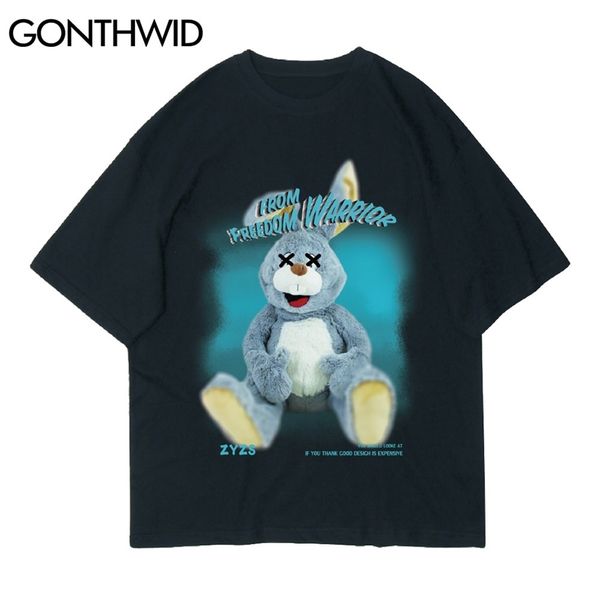 

t-shirts summer harajuku hip hop fleece toy rabbit print short sleeve casual cotton tshirts streetwear loose tees 210602, White;black