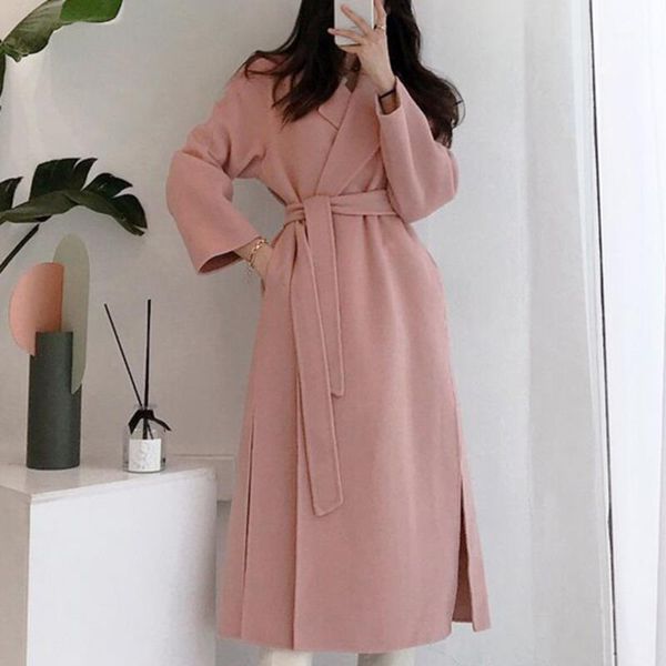 

women's wool & blends [ewq]2021 winter over knee pink turn-down collar long-sleeved solid color straight minimalist woolen overcoat wit, Black