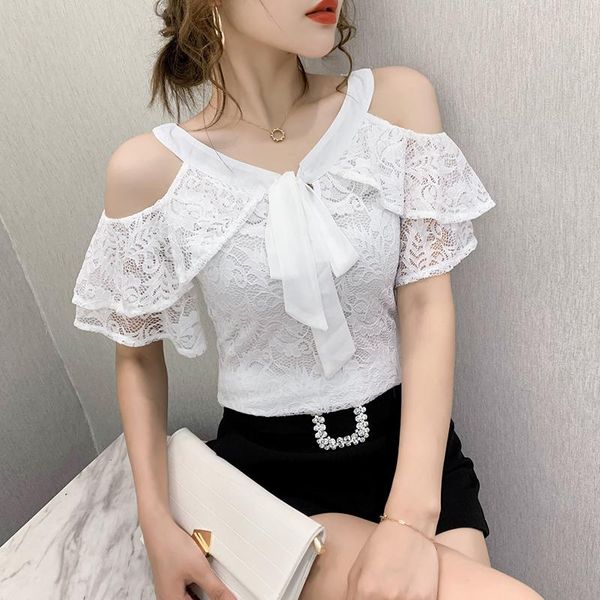 

women's t shirt summer korean clothes off shouder bowknot lace ruffles women ropa mujer ruffle sleeve all match tees t06214, White
