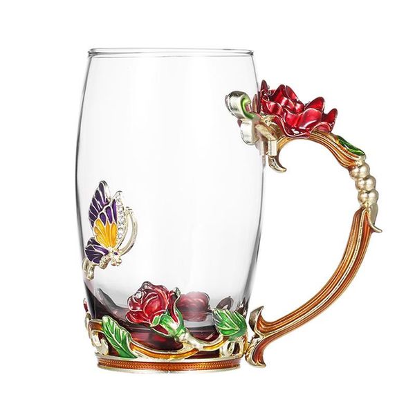 

set enamel flower handgrip tea cup glass mug thickened water wine glasses