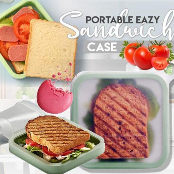 

portable reusable silicone sandwich case lunch box transparent green toast soft office school picnic kitchen storage supplie dinnerware sets