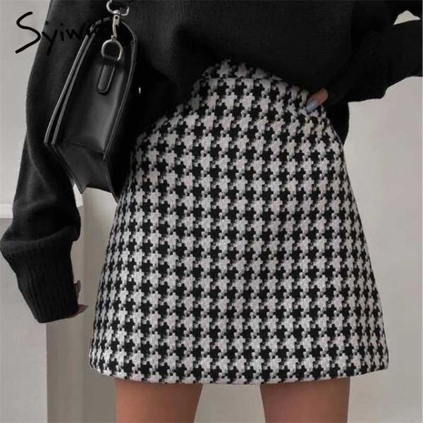 

syiwidii plaid skirt autumn winter fashion a line mini white black high waist back zipper houndstooth woman s 211124