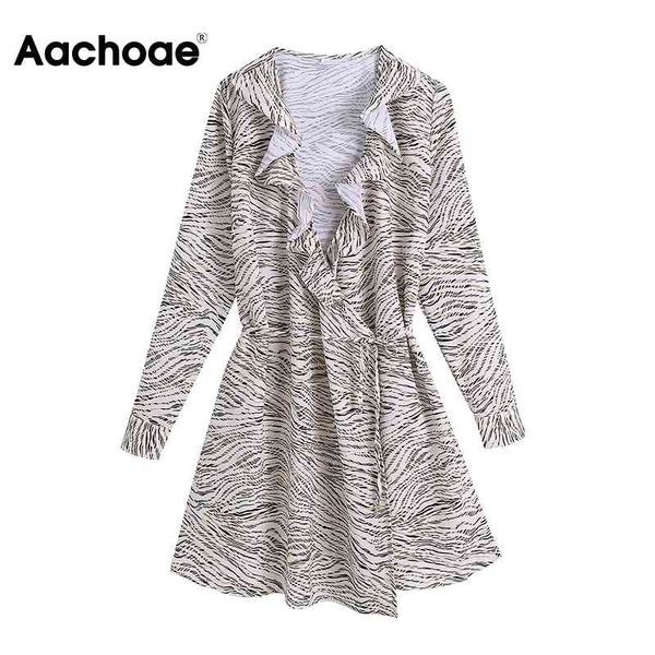 

casual zebra print a line v neck ruffles wrap long sleeve office wear mini dress spring summer vestido mujer 210413, Black;gray