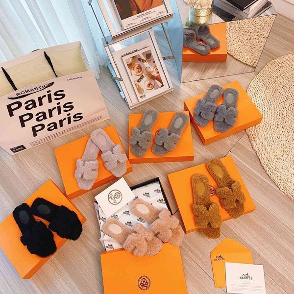 

21 year new h family lamb fur women's net red teddy fur integrated slippers, Black