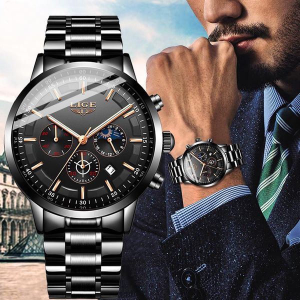 

wristwatches 2021 fashion mens watches lige business watch men stainless steel waterproof quartz clock relogio masculino, Slivery;brown