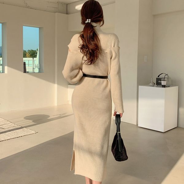 

dresses winter high collar full sleeve knit female vestidos casual shoulder leakage women long sweater, Black;gray