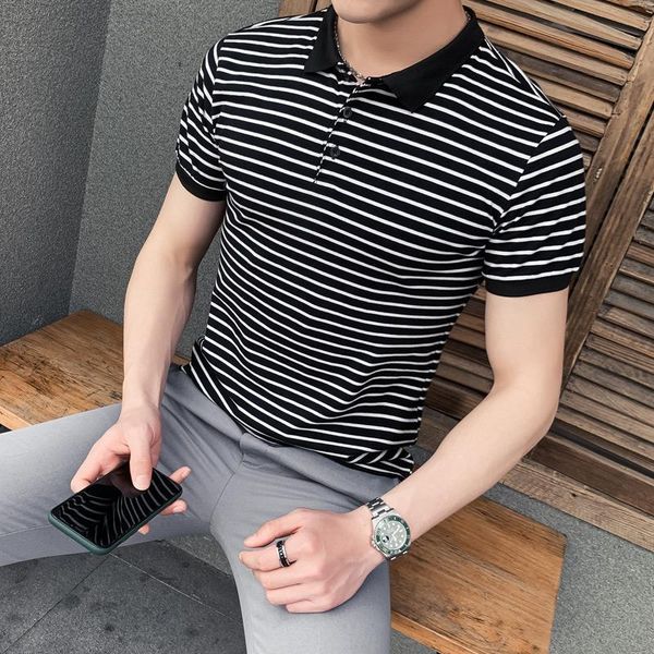 

shirt men's short sleeve striped t-shirt trend british style leisure personality handsome clothing plus fashion polos, White;black