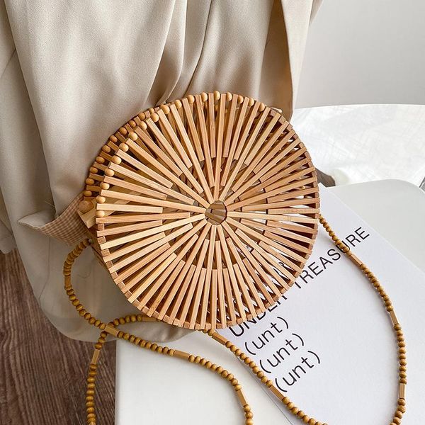 

evening bags bamboo hollow out round handbags for women summer beach fashion shoulder handmade ladies luxury rattan messenger bag