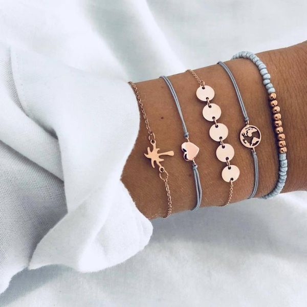 

pcs/set fashion heart map charm bracelets set for women boho vintage stone leather chain bracelet party jewelry wholesale beaded, strands, Black