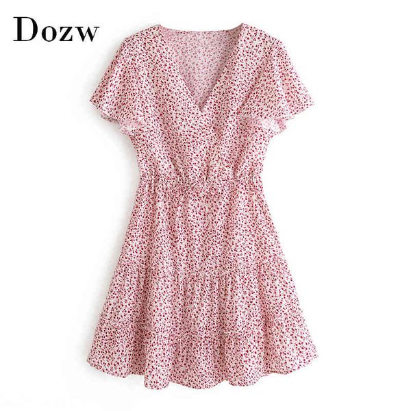 

summer women floral printed chic mini dress v neck short sleeve boho beach dress a line elastic waist casual sundress vestidos 210414, Black;gray
