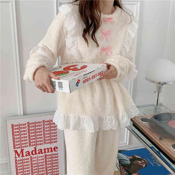 

sleepwear bow gentle two-piece suits chic women soft sweet sleepwear thicken warm cute winter loose pajamas home clothes, Black;red